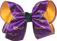 Large Gold Glitter Mardi gras Masks on Purple Satin over Yellow Gold Double Layer Overlay Bow